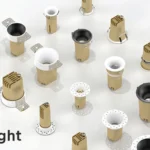 Ceiling downlight fixtures displayed in various designs.