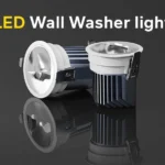 LED wall washer lights displayed on a reflective surface with brand logo in the corner.