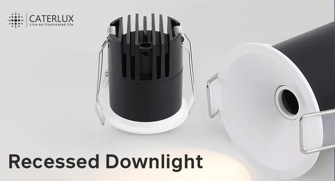 Compact LED recessed downlight with black housing and white trim