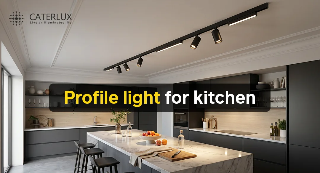 Modern kitchen with sleek profile light for kitchen and magnetic track lighting installed on ceiling.